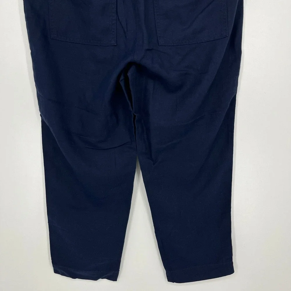 Banana Republic Women Navy Blue Tapered Crop Pant Elastic Waist Lyocell Linen M